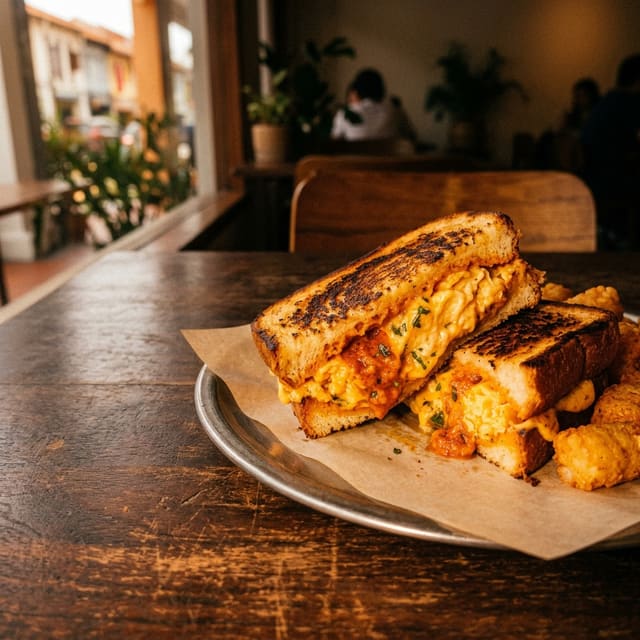 A toasted sandwich cut in half and stuffed with cheesy scrambled egg, with tater tots on a paper-lined tin plate