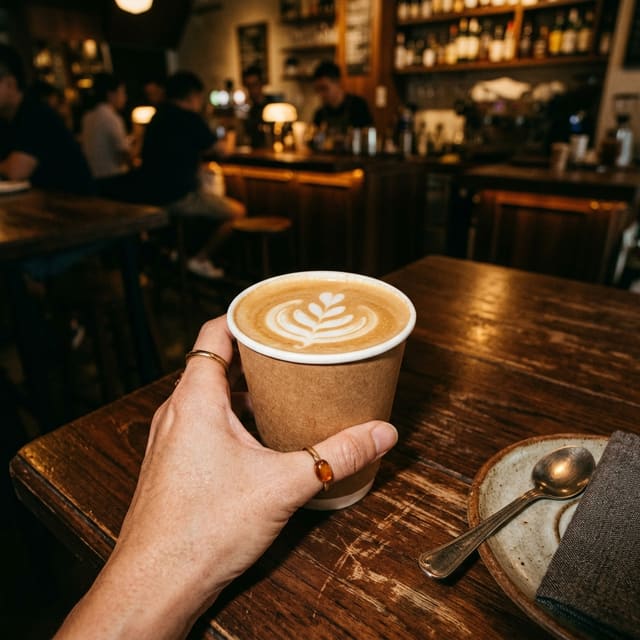 A hand holding a takeaway flat white with leaf latte art at a wooden bar