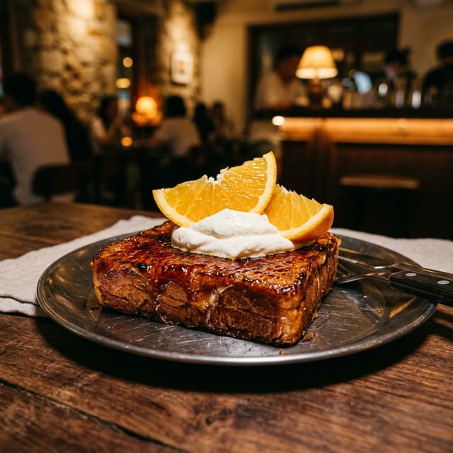 A thick slab of caramelised brioche French toast topped with whipped cream and orange segments