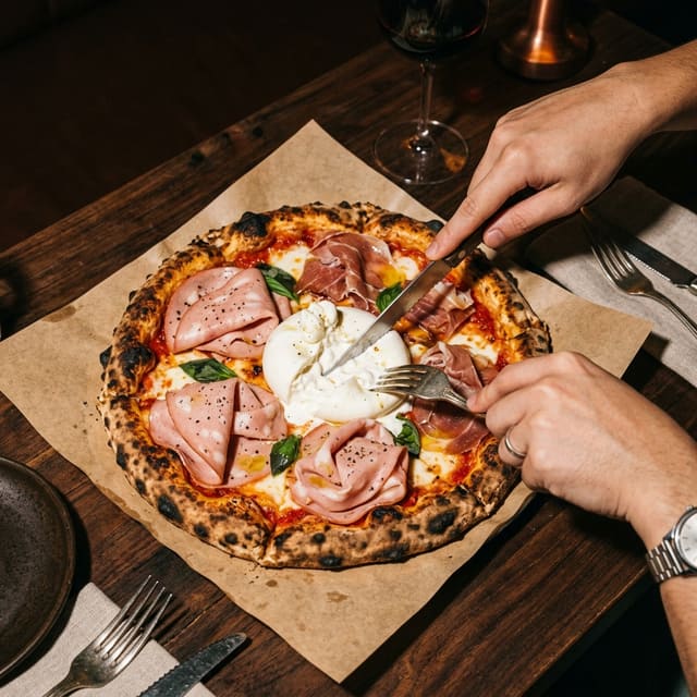 A wood-fired pizza topped with mortadella, prosciutto and burrata being cut at a dim, wine-lit table