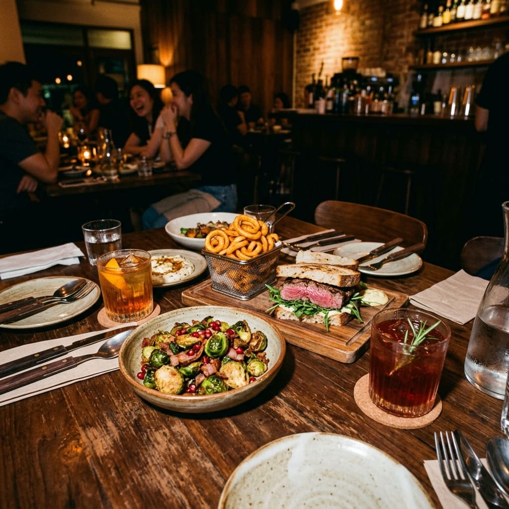A busy evening table of sharing plates: fried brussels sprouts, curly fries, a steak sandwich and drinks, with friends laughing behind